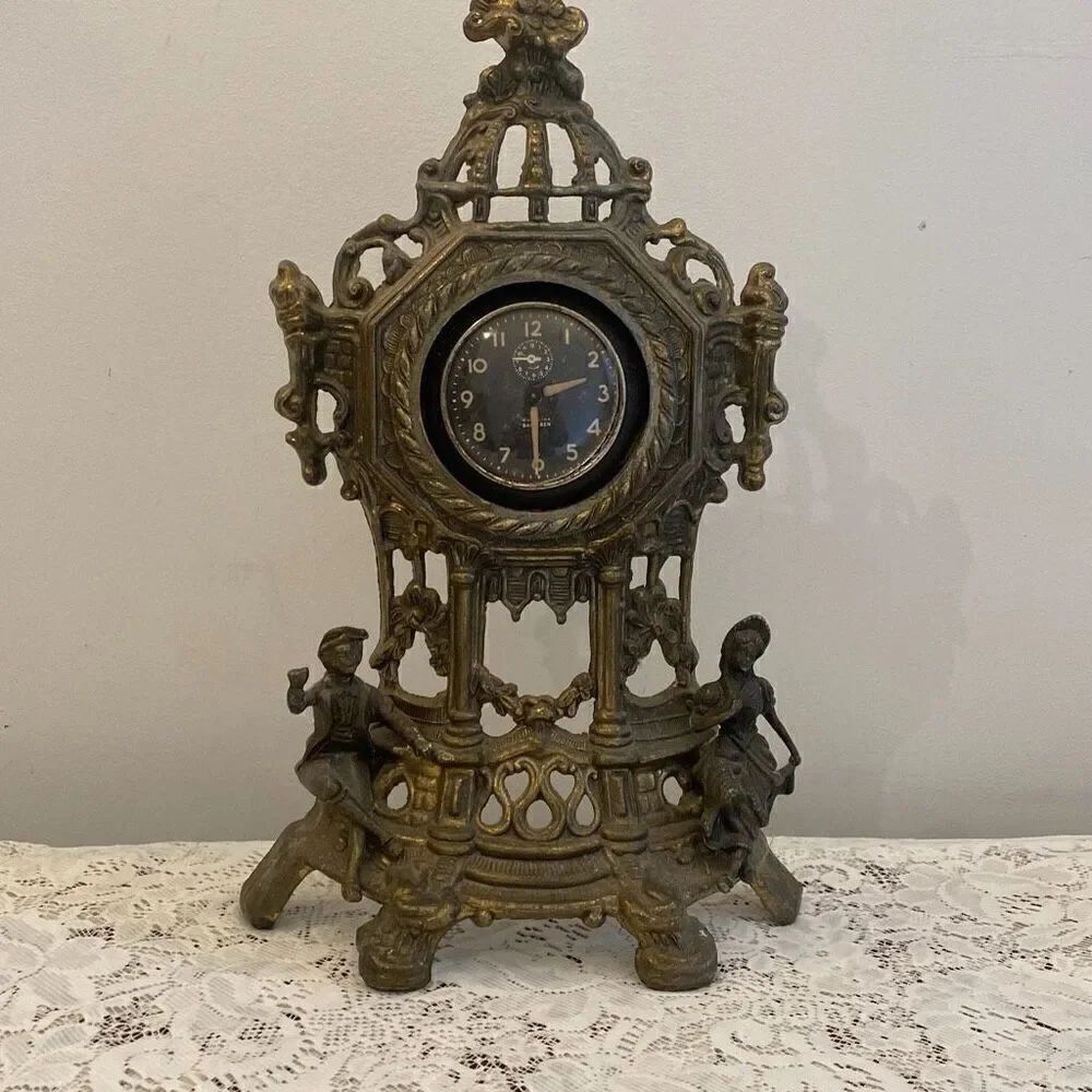 Vintage Lowenthal Cast Brass Table Mantle Clock Ornate Victorian Style